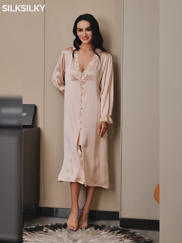 SilkSilky-IT Seta pura Manica lunga Collo a V Camicia da notte-video-001