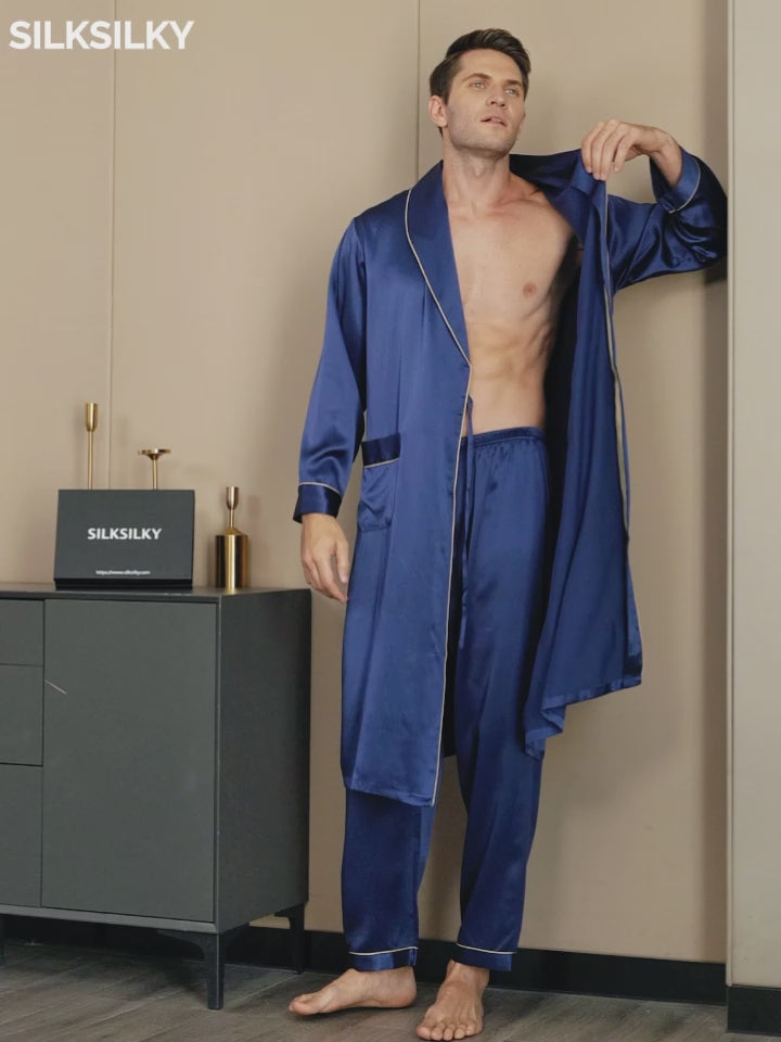 SilkSilky-IT Seta pura Manica lunga Collo risvolto dentellato Vestaglia da uomo-video-001