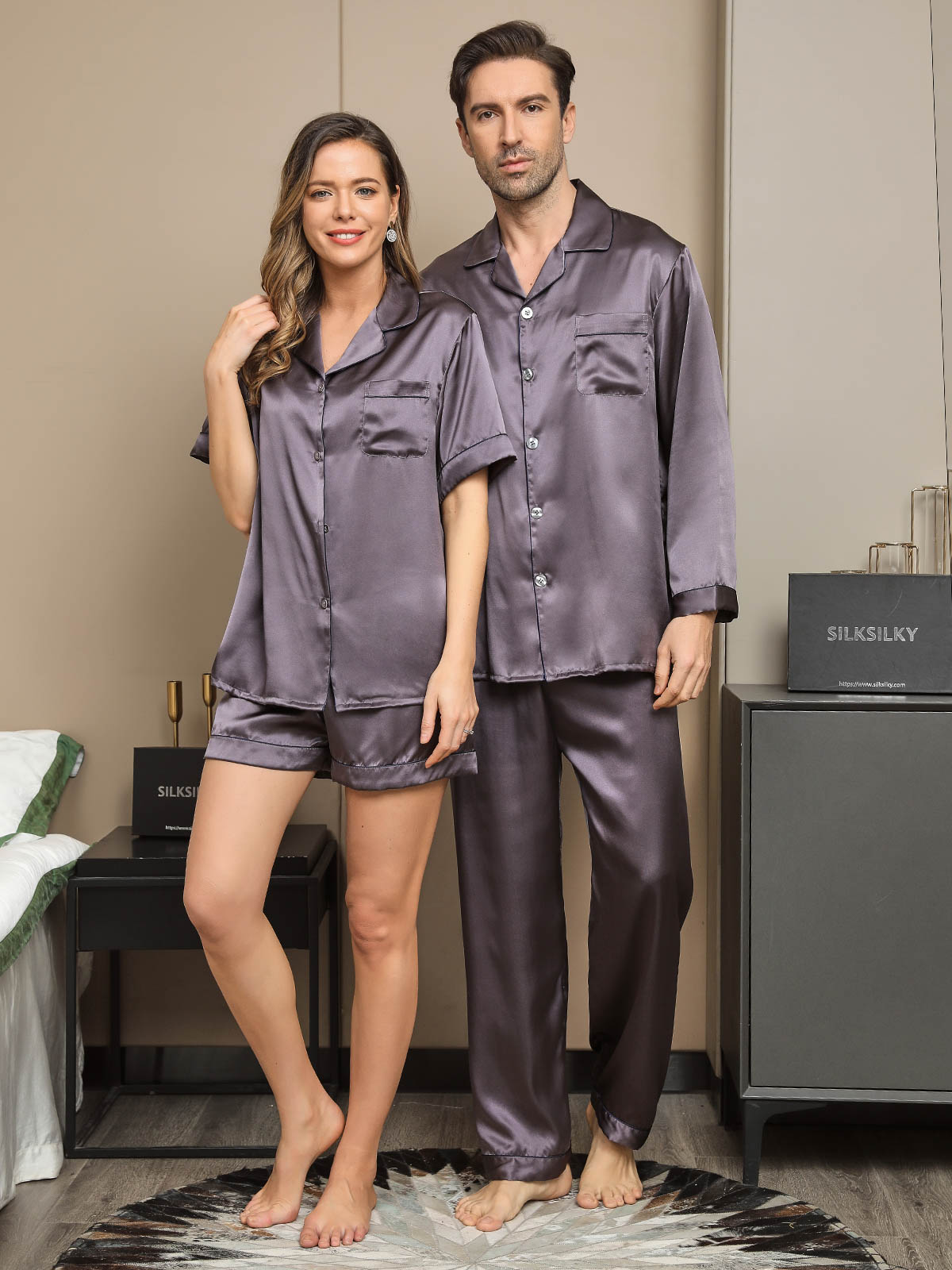 SilkSilky IT Seta pura Manica lunga Couple GrigioPorpora 001