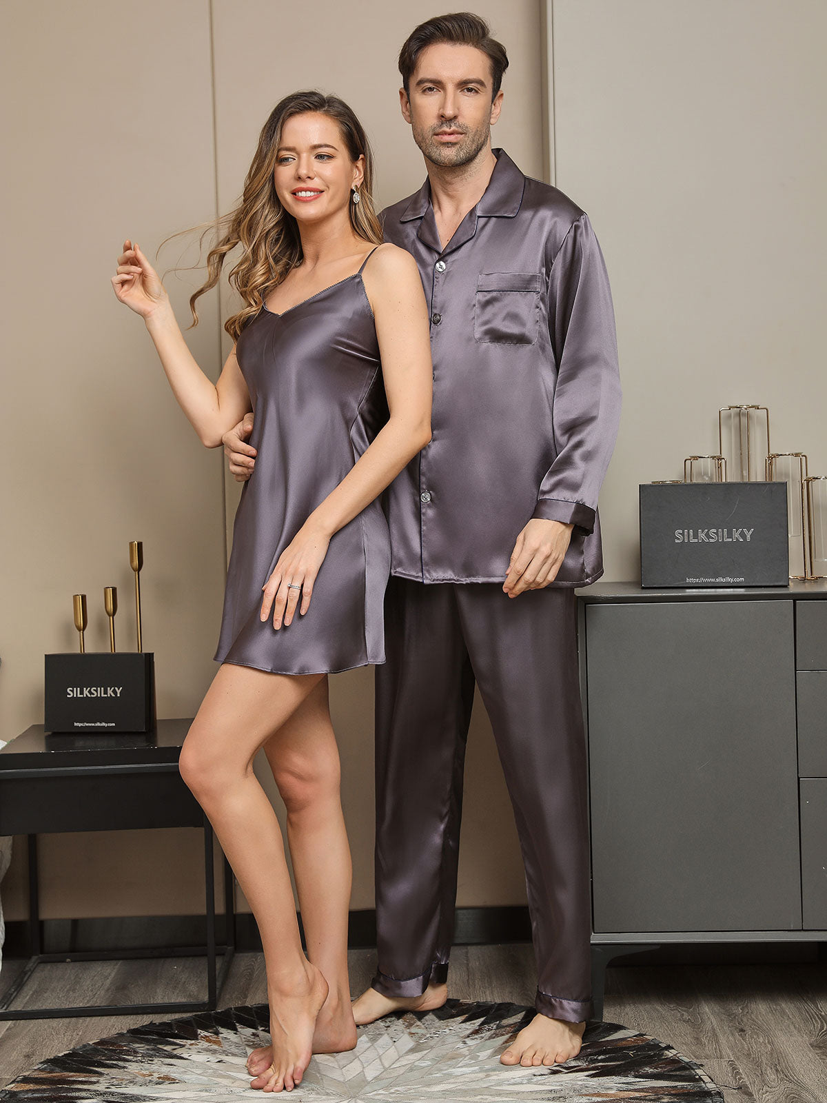 SilkSilky IT Seta pura Manica lunga Couple GrigioPorpora 004