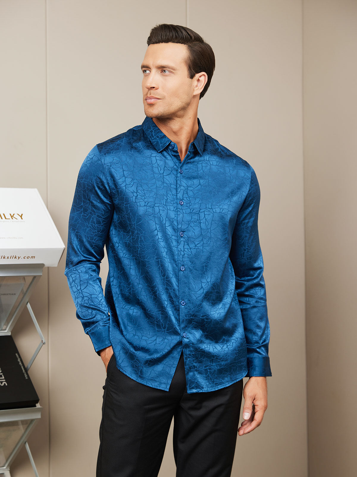 SilkSilky IT Seta Manica lunga Colletto risvolto Camicia da uomo BluAcuro 002