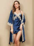 SilkSilky IT Seta pura A tre quarti Nightgown&Robe Set Blu 005