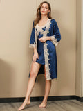 SilkSilky IT Seta pura A tre quarti Nightgown&Robe Set Blu 002