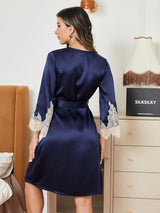 [Blu Scuro] SilkSilky-IT Seta pura A tre quarti Womens Robe 002