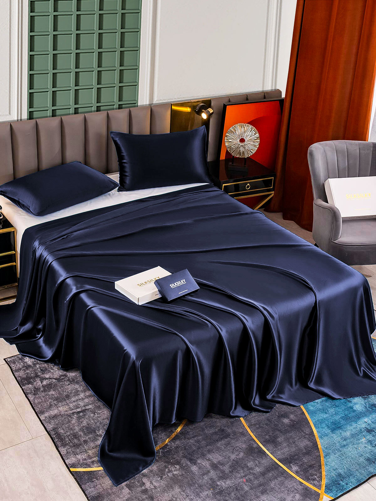 SilkSilky IT 25Momme Seta pura Bedding Set BluAcuro 002