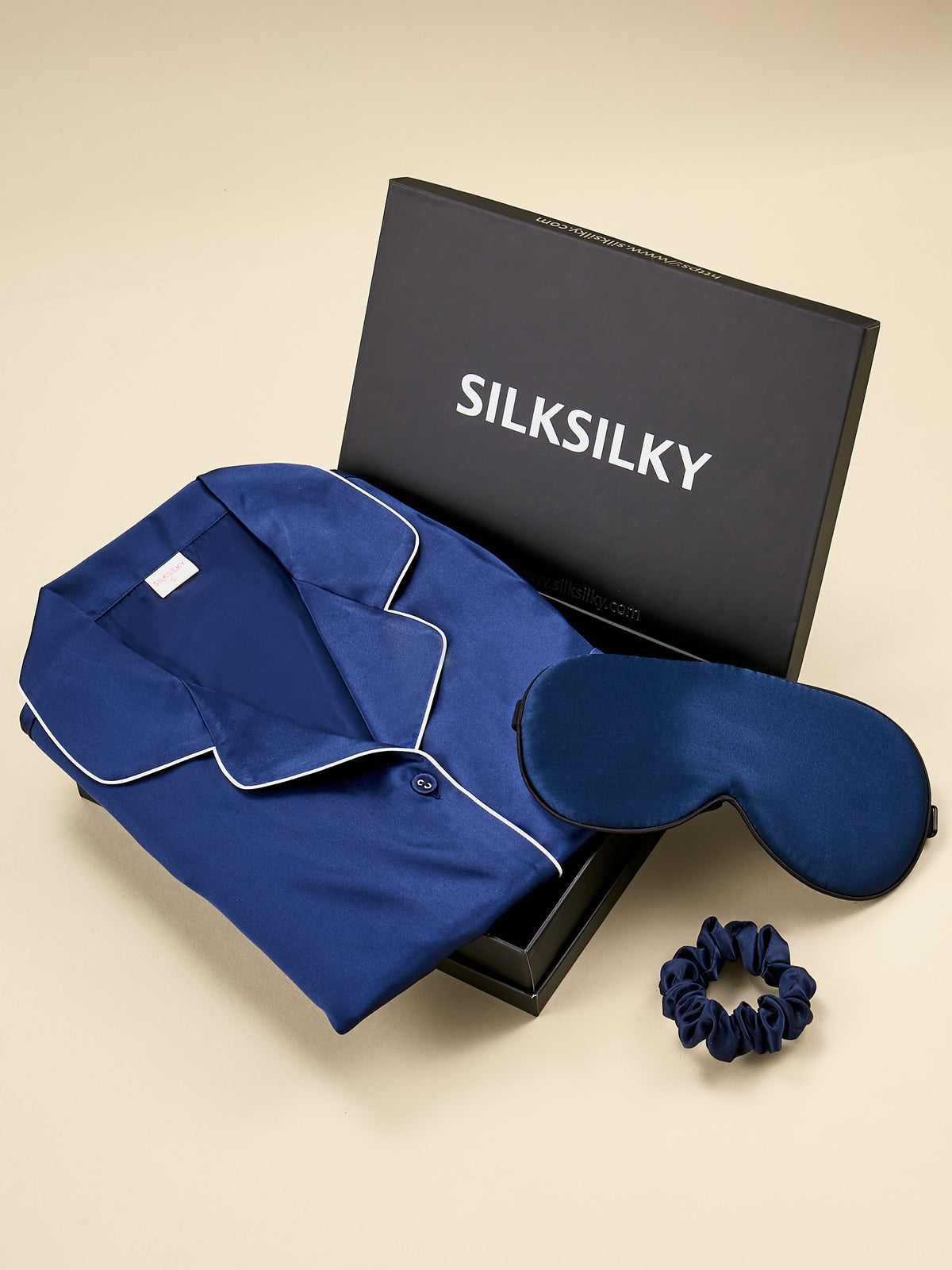 SilkSilky IT Seta pura Manica lunga Collo risvolto dentellato Pigiami da donna BluAcuro 001