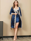 SilkSilky IT Seta pura A tre quarti Nightgown&Robe Set Blu 001